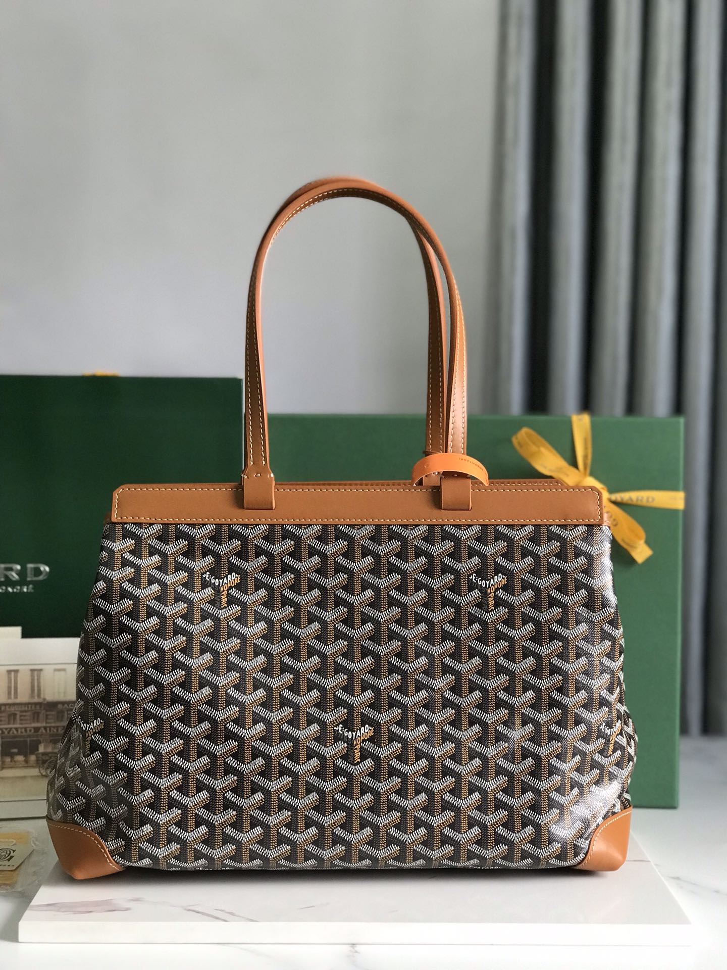 Goyard Bellechasse Biaude Pm Bag 36 Cm Black Goyardine Canvas And Tan Calfskin Trim