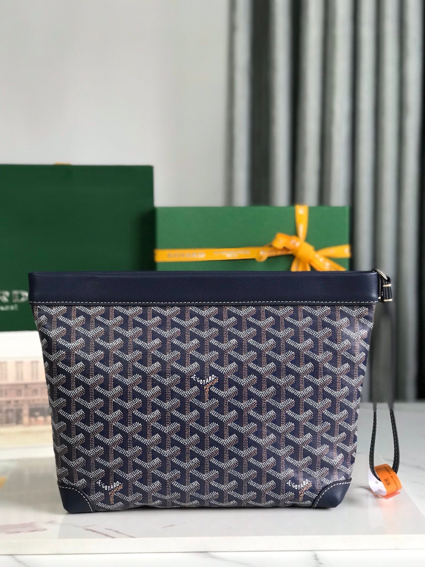 Goyard Conti Pouch 24 Cm Navy Blue Lambskin And Goyardine Canvas