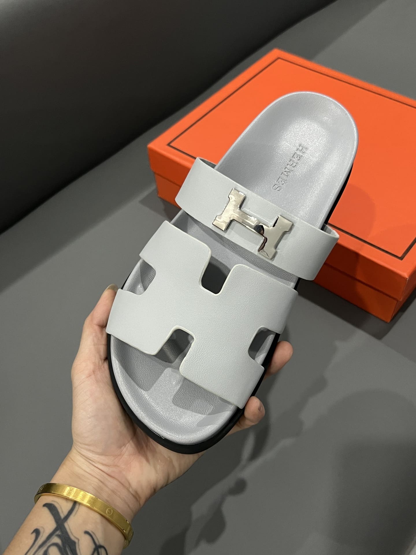 Hermes Chypre Sandal H Logo Silver Hardware Light Grey