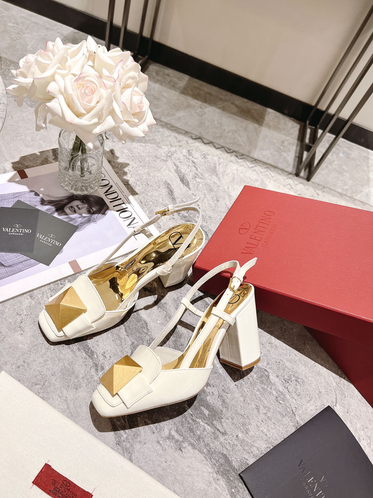 Valentino Garavani One Stud Patent Leather Slingback Pump White