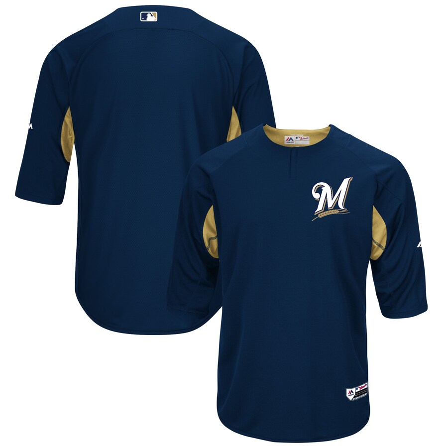 Milwaukee Brewers Majestic Collection On-Field 3/4-Sleeve Batting Practice Jersey Navy/Gold