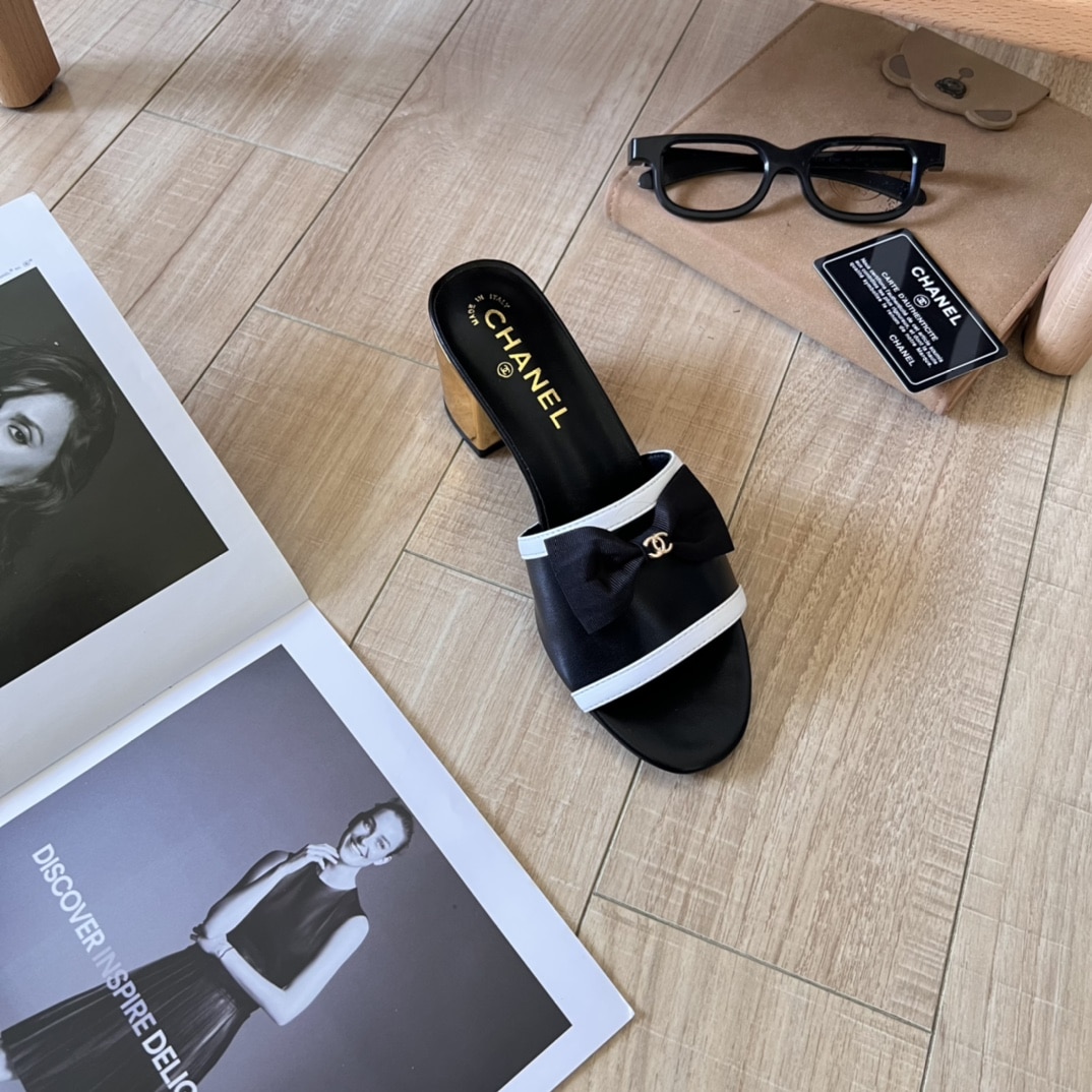Chanel Grosgrain Ribbon Bow Mule Leather Gold Black