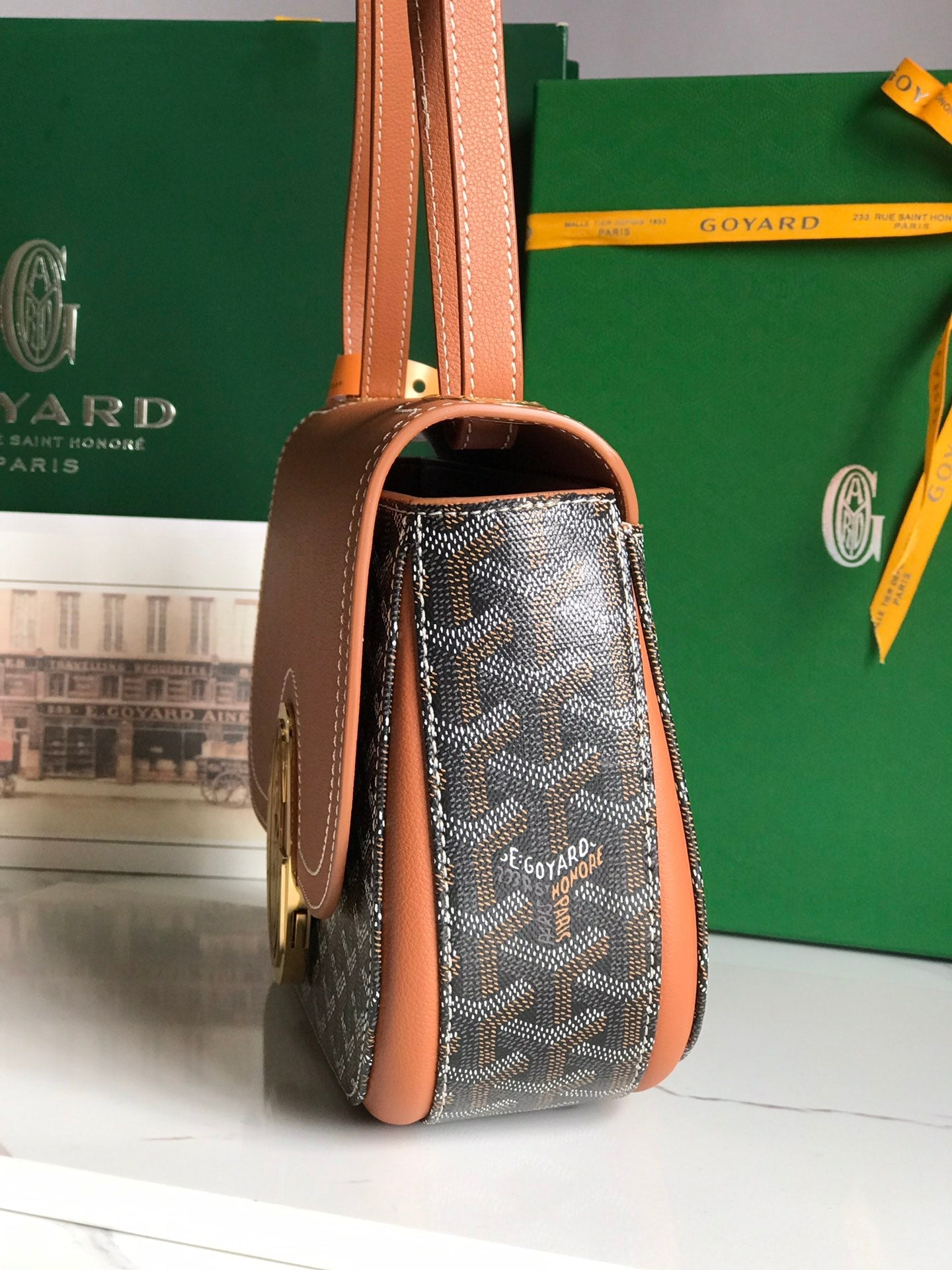 Goyard 233 Bag 25 Cm Tan Calfskin And Black Goyardine Canvas 25cm