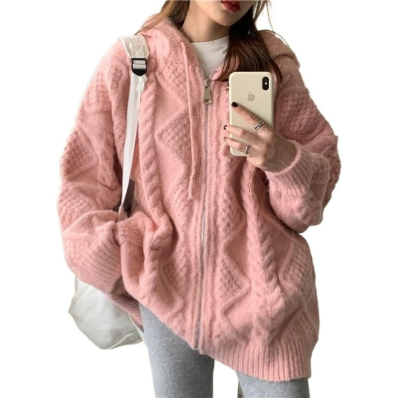 Vintage Pink Knitted Zip Up Cardigan Women