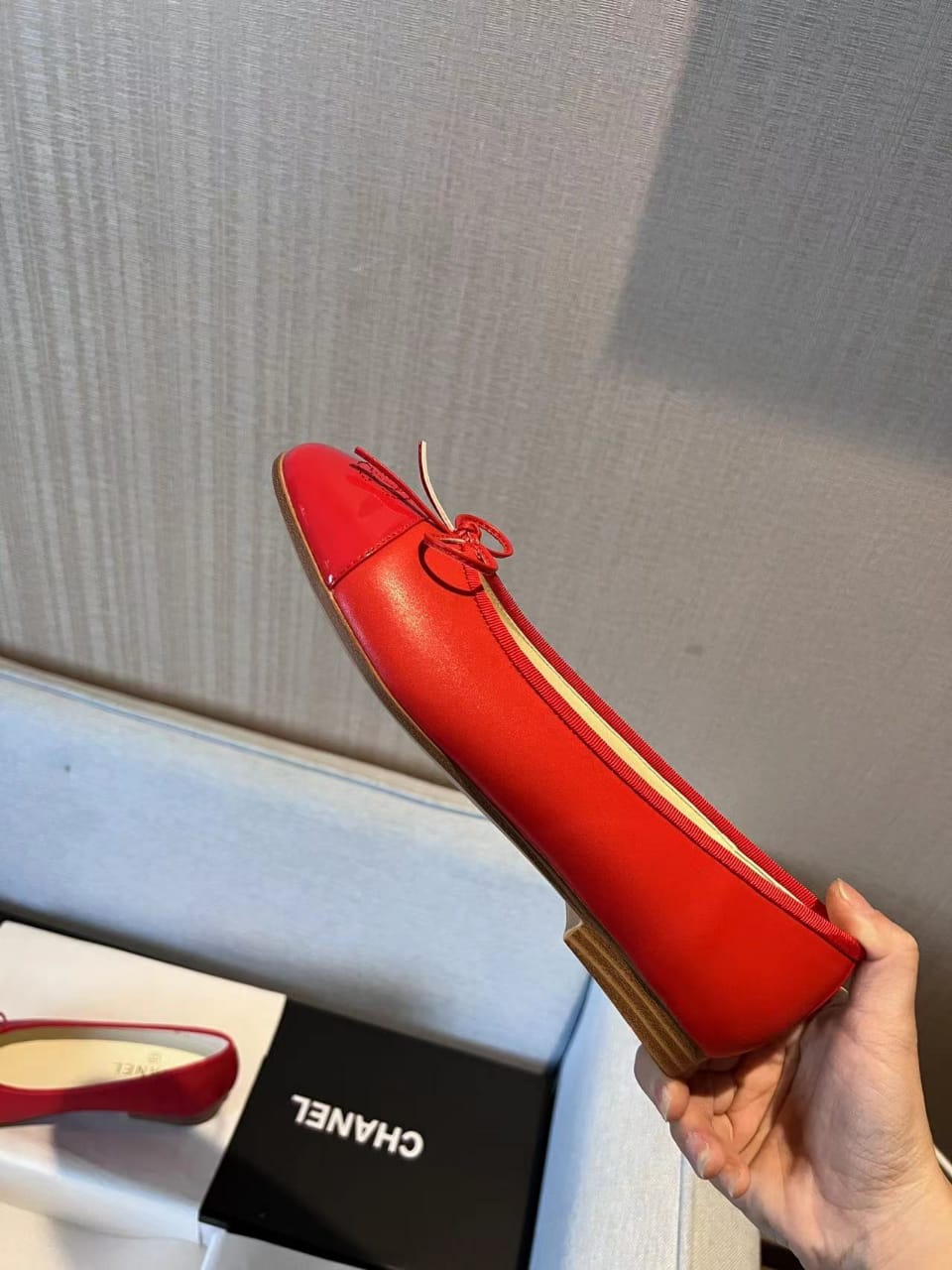 Chanel Cc Cap Toe Ballet Flats In Light Red Patent Leather