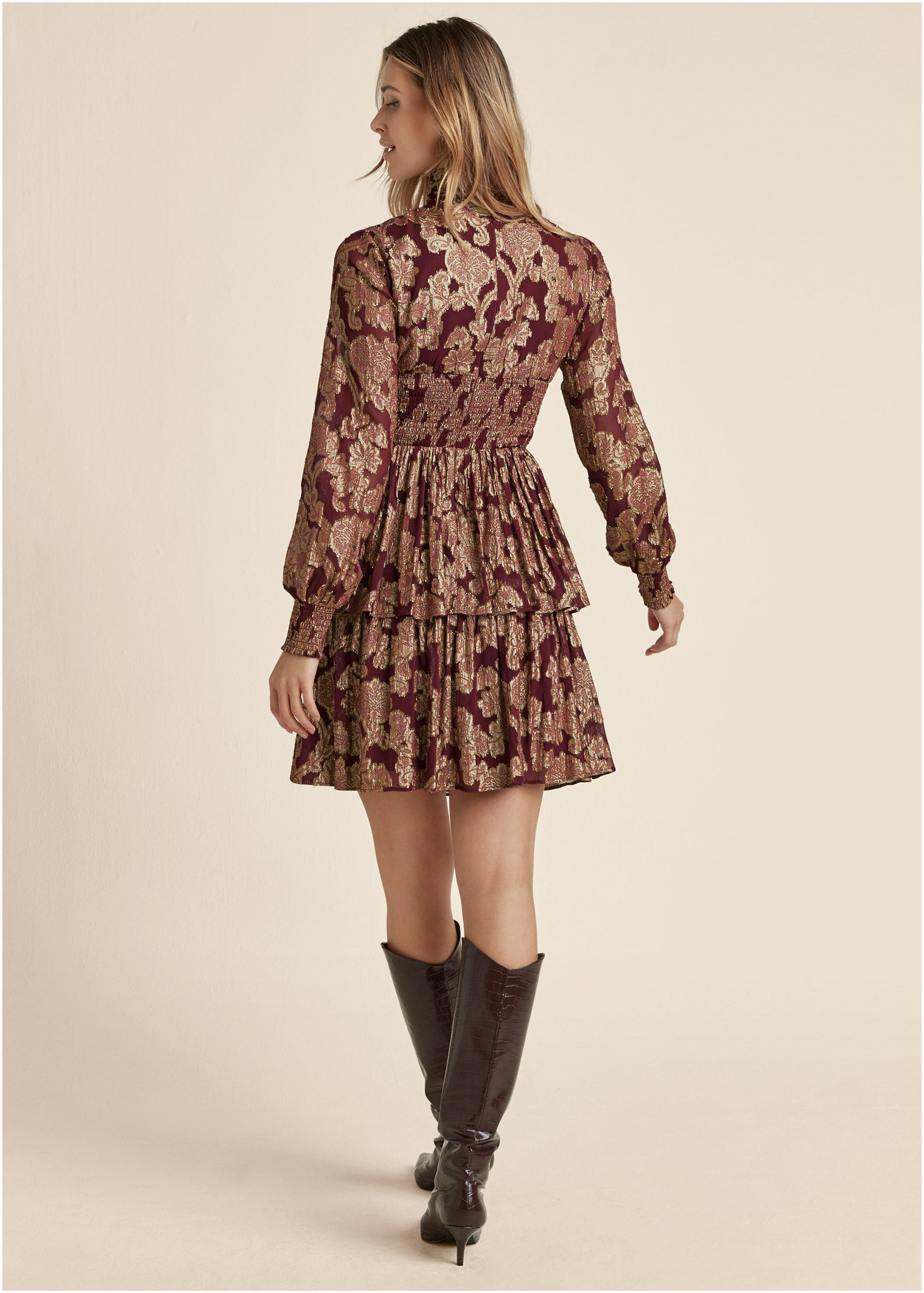 Smocked Waist Jaquard Mini Dress – Wine & Gold