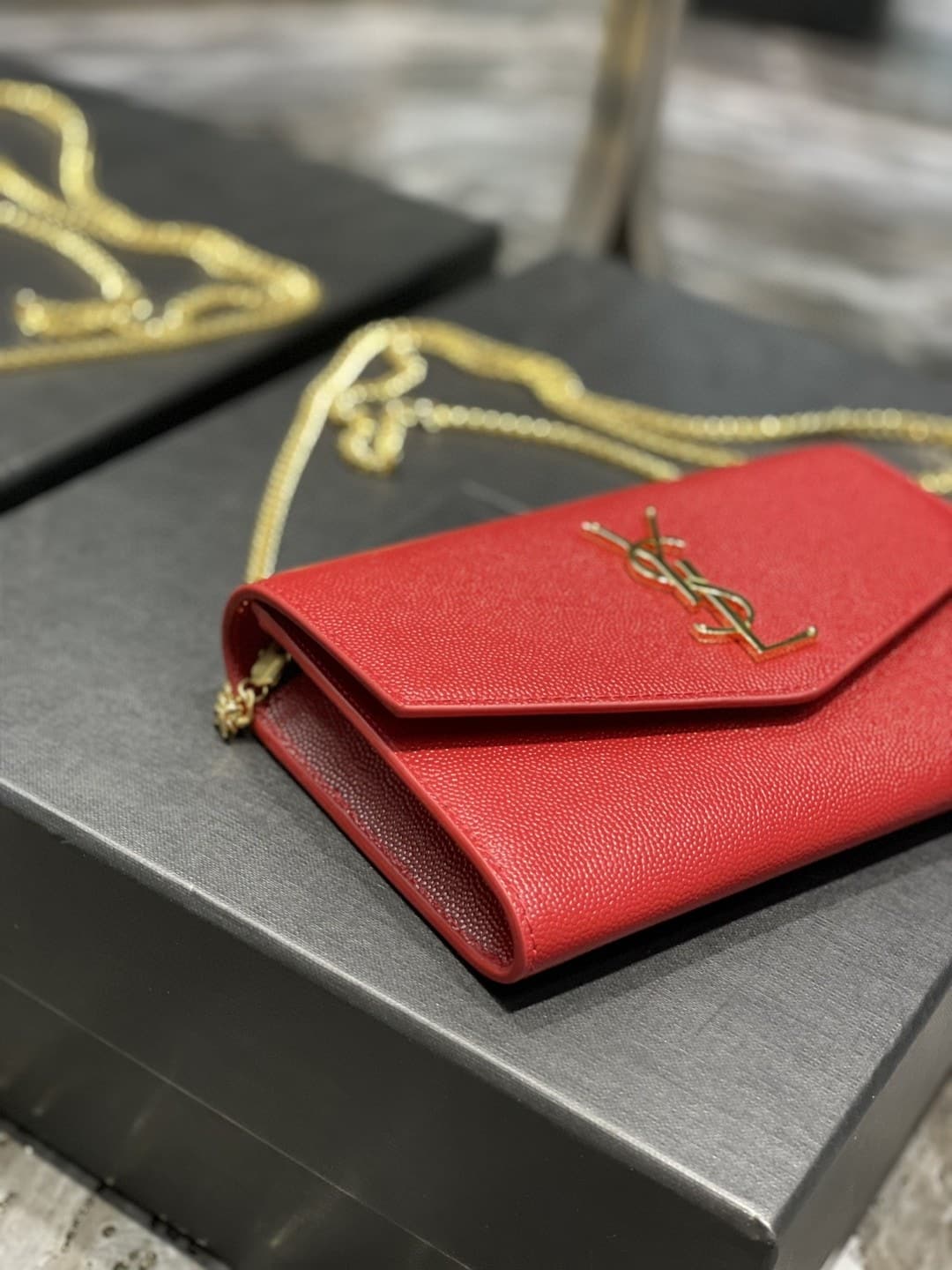 Saint Laurent Uptown Chain Wallet In Grain De Poudre Embossed Leather Red 19Cm