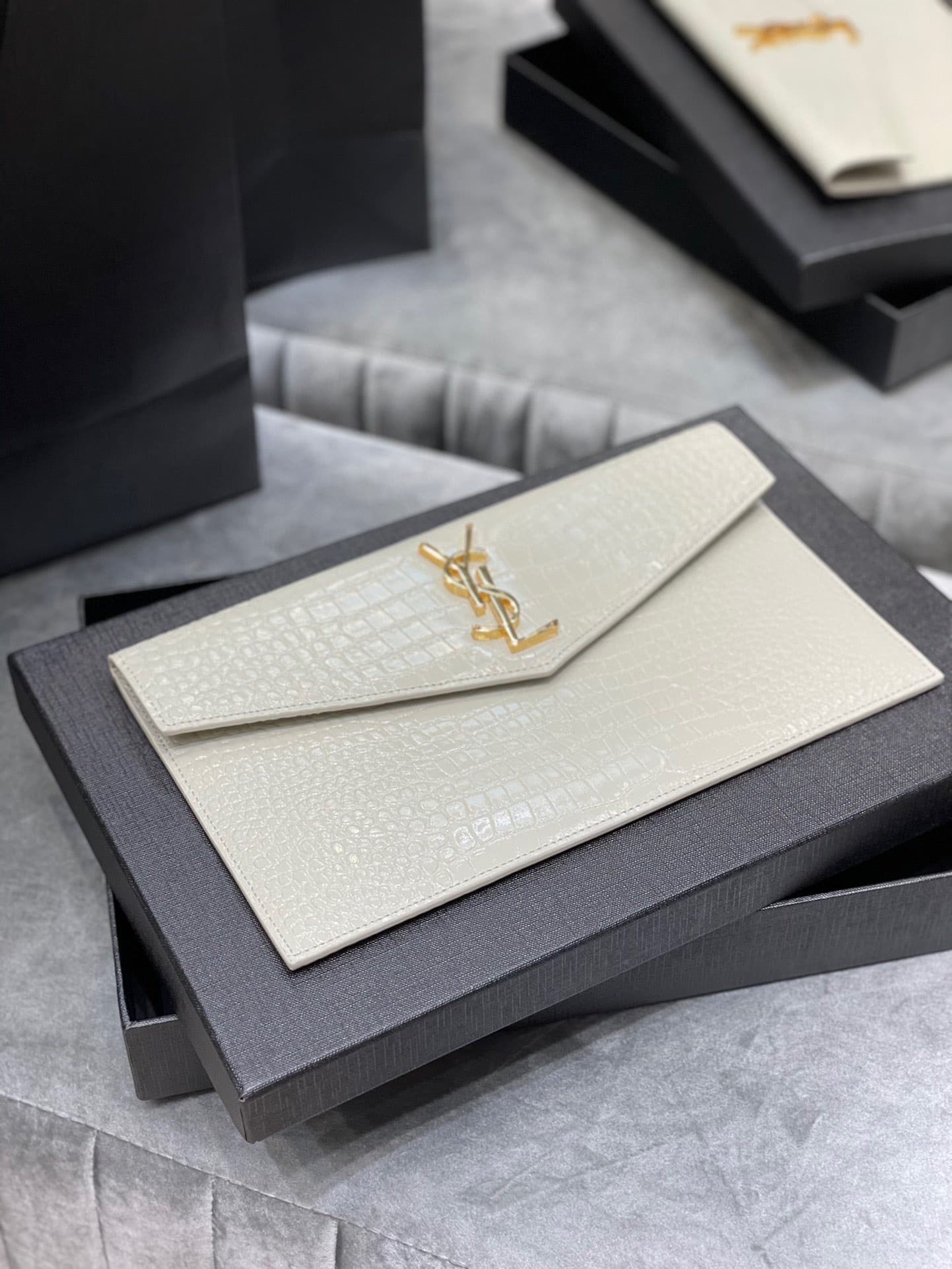 Saint Laurent Uptown Pouch In Crocodile Embossed Shiny Leather