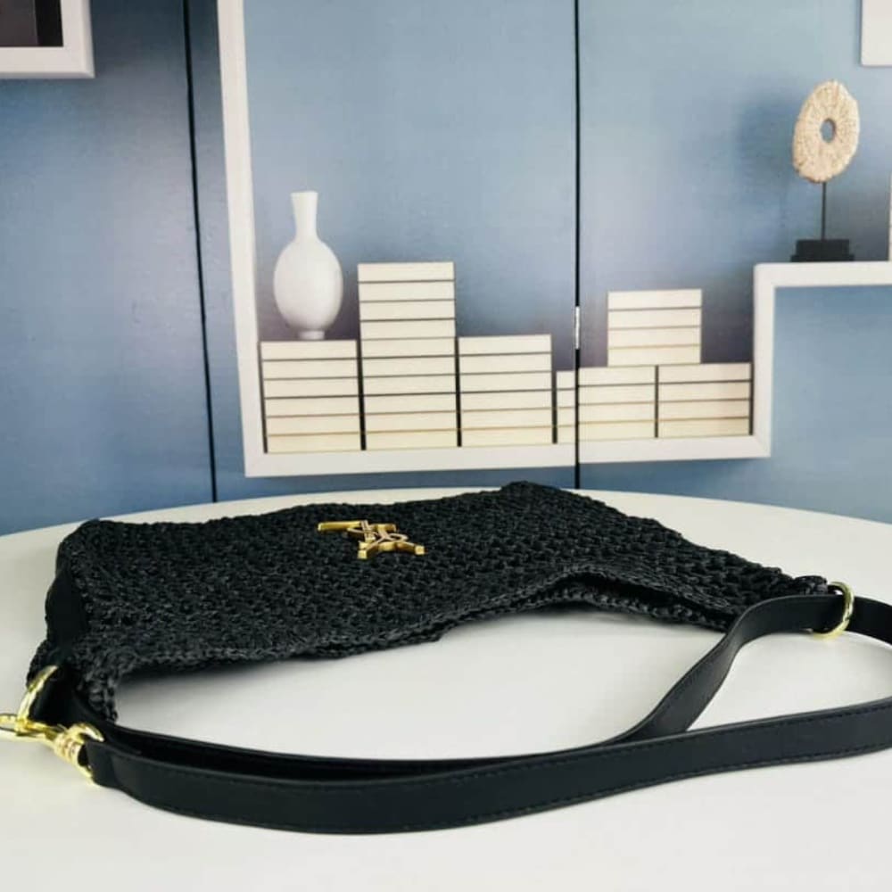 Saint Laurent Oxalis In Raffia Crochet And Leather Black 41Cm 781289Gaaea1000