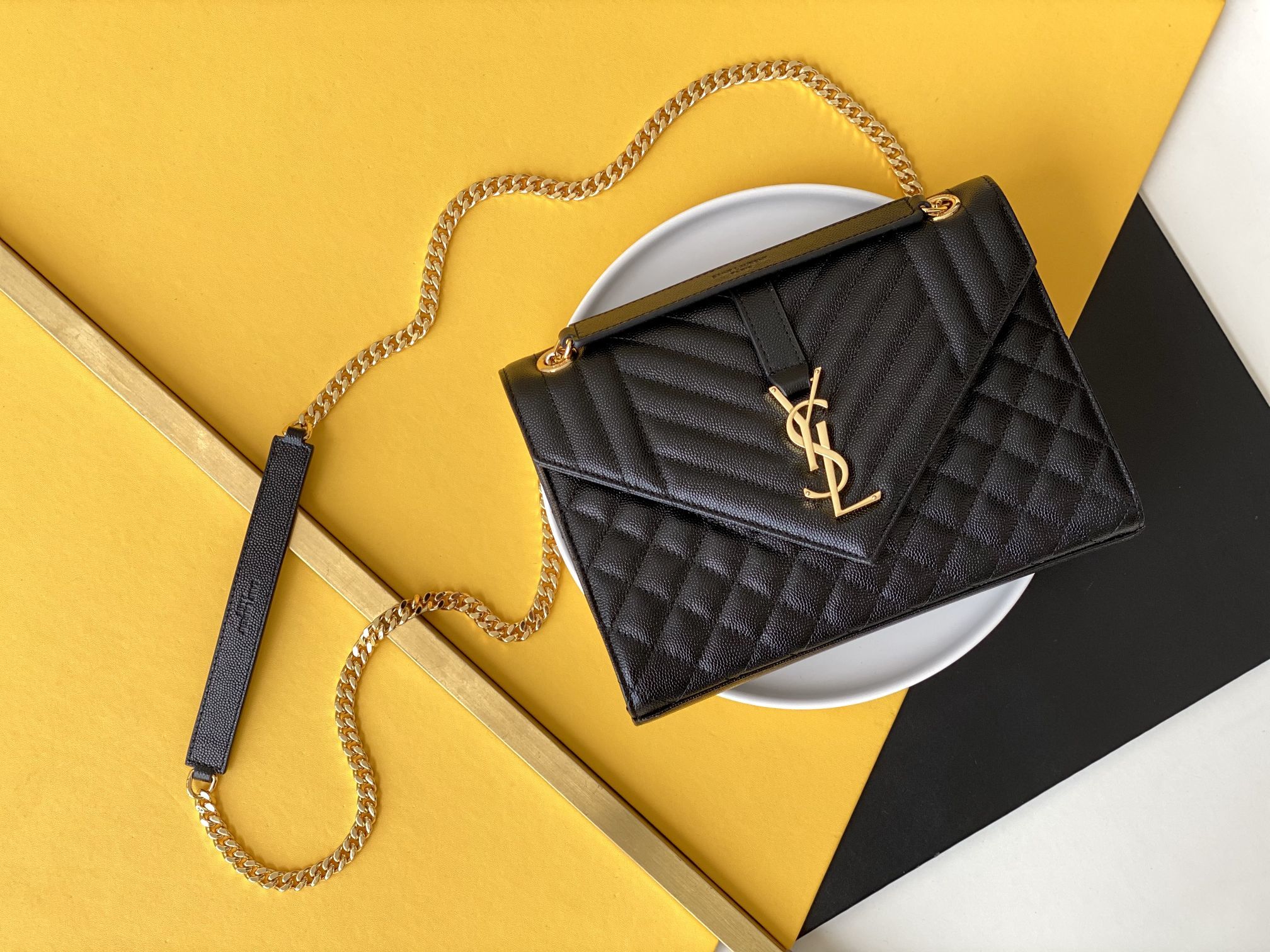 Saint Laurent Envelope Medium Chain Bag In Supple Matelasse Leather Black Gold 24Cm