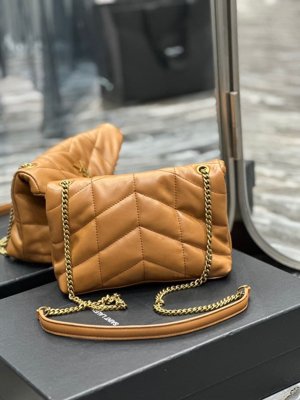Saint Laurent Puffer Toy Bag In Quilted Light Brown 26Cm