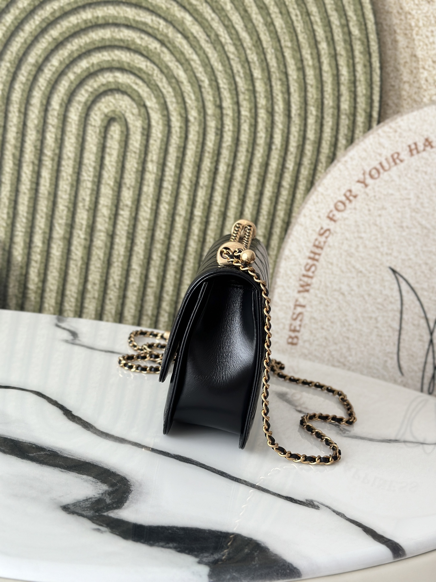 Small Flap Bag with Pearl Chain Detail in Black Shiny Calfskin with Gold-Tone Hardware