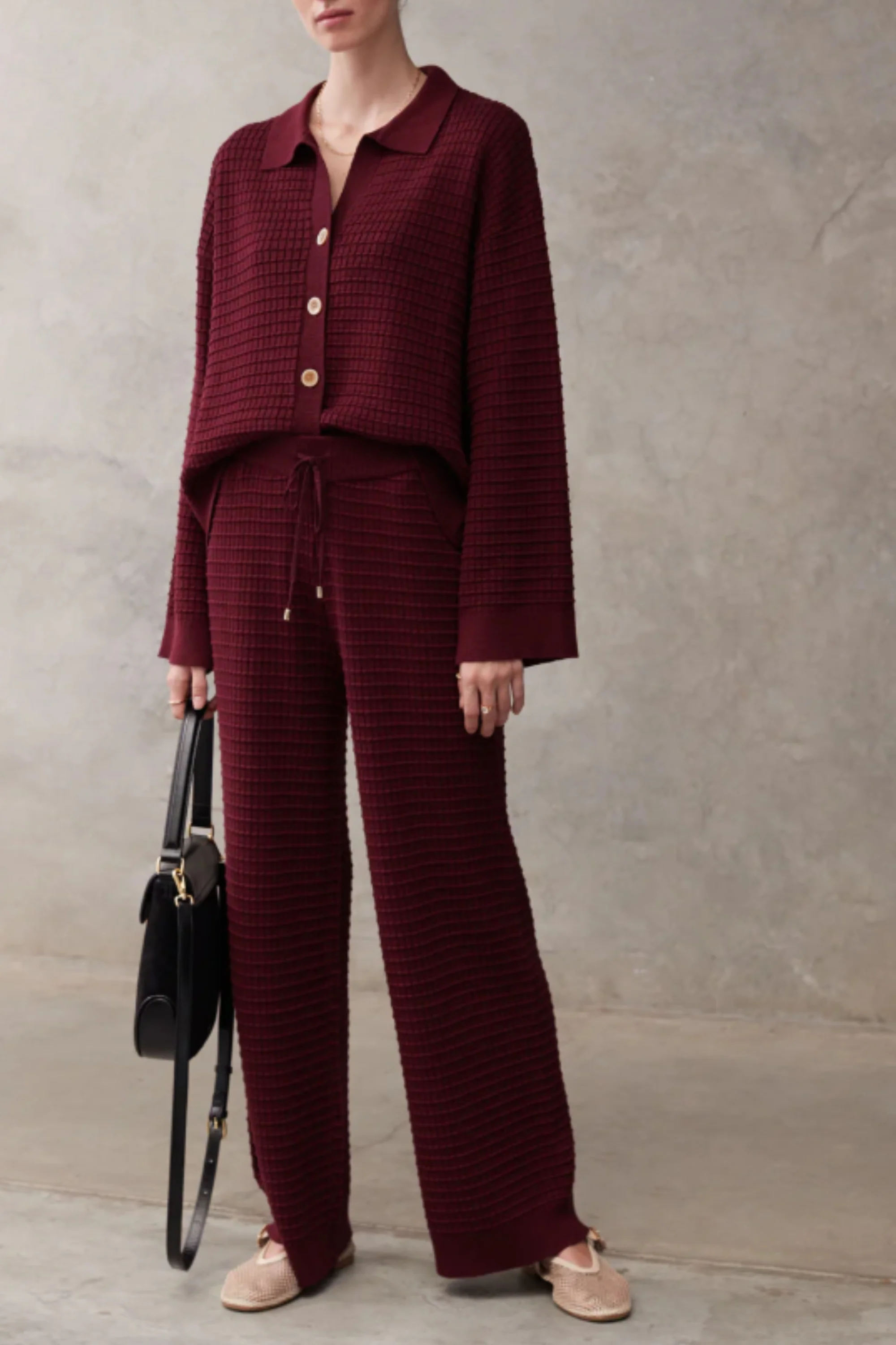 Wine Ribbed Collared Knit Co-ord Set