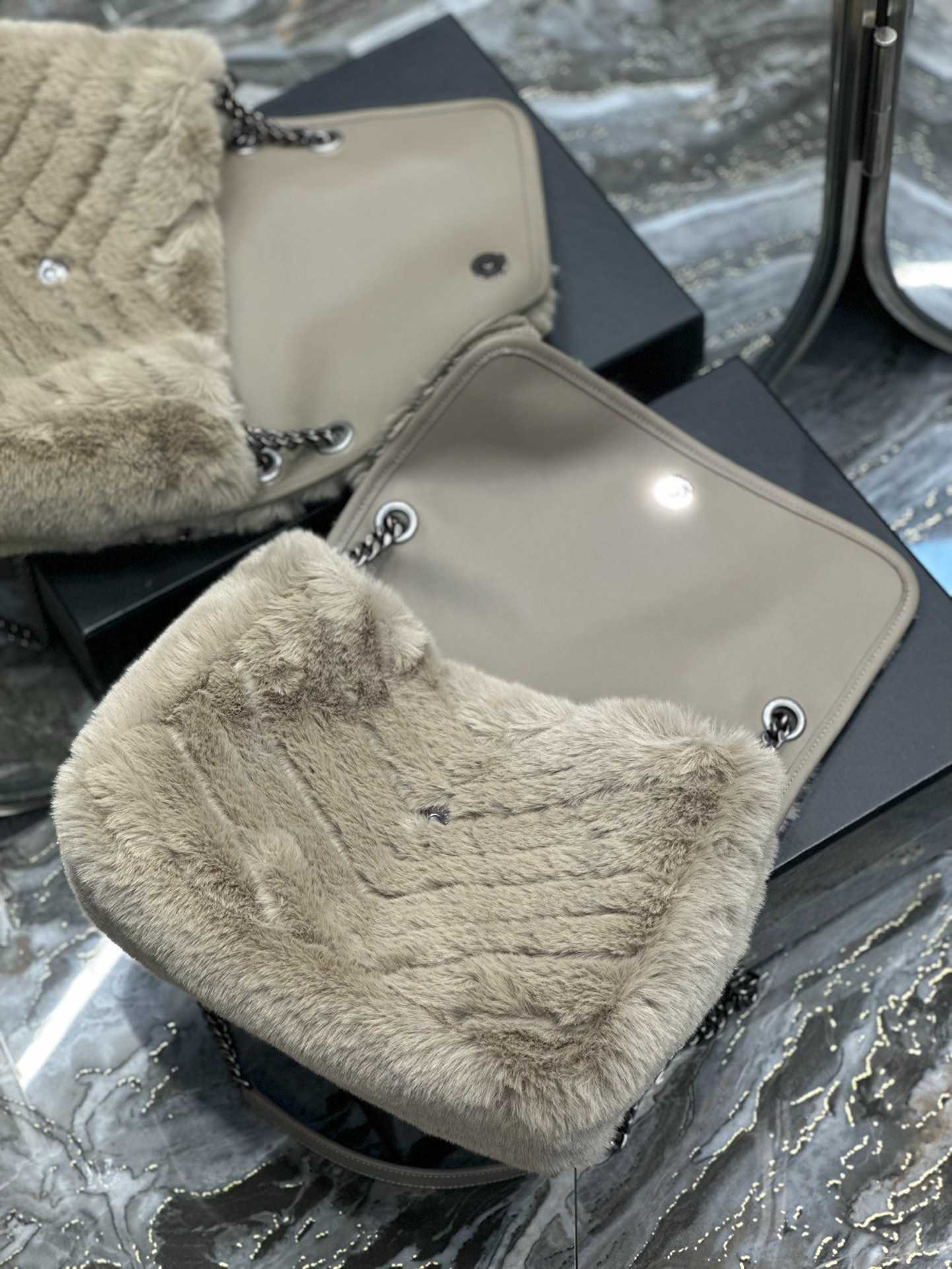Saint Laurent Niki Medium Chain Bag In Shearling Brown