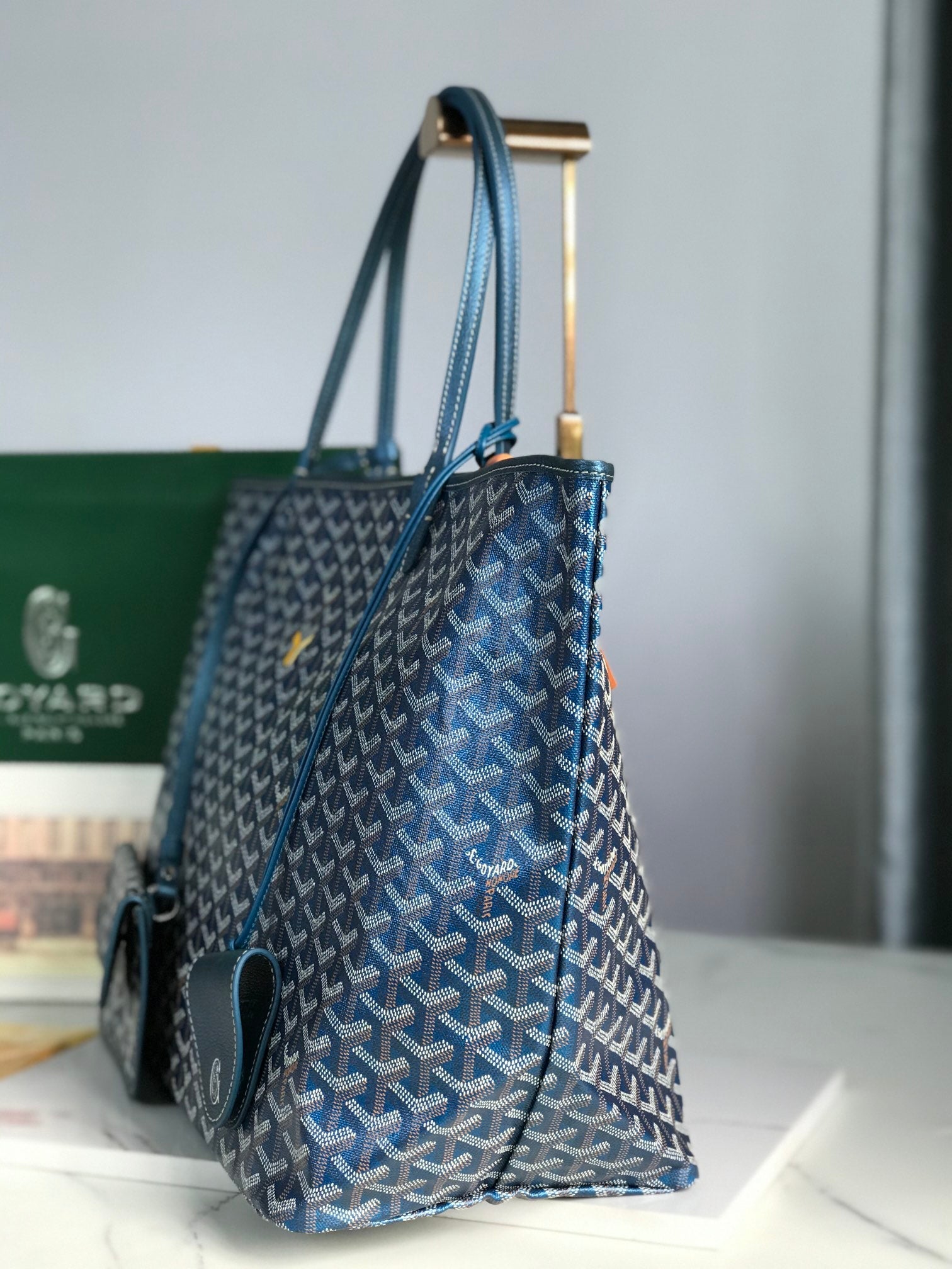 Goyard Saint Louis Gm Bag 40Cm Deep Blue Canvas Chevroches Calfskin