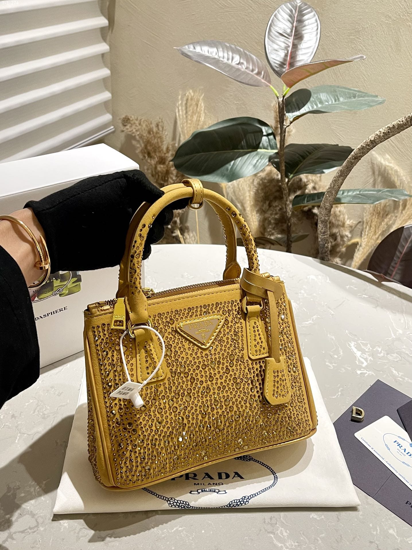 Prada Galleria Satin Mini Bag With Crystals Yellow 23Cm