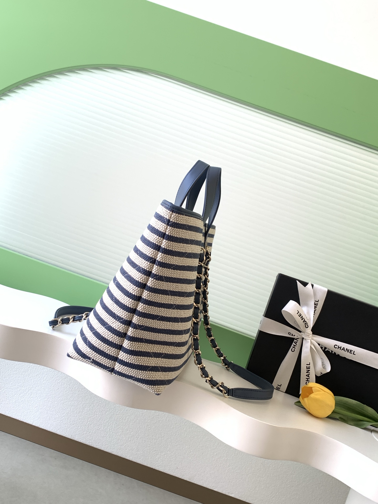 Deauville Large Striped Canvas Tote Bag in Navy Blue with Gold-Tone Hardware
