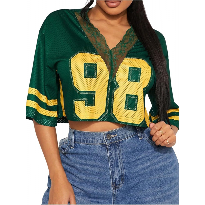 Women's Number Graphic Tees Lace V Neck