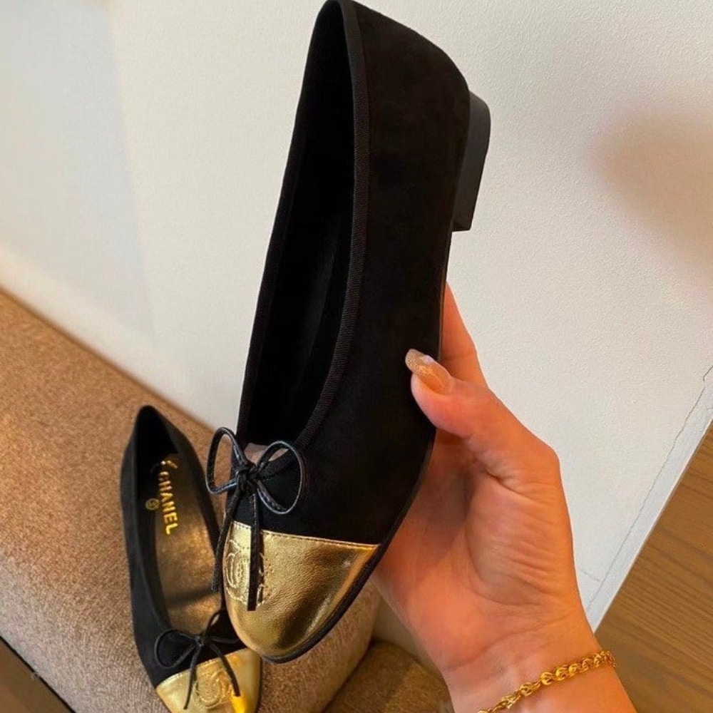 Chanel Leather Cap Toe Ballet Flats Black Gold