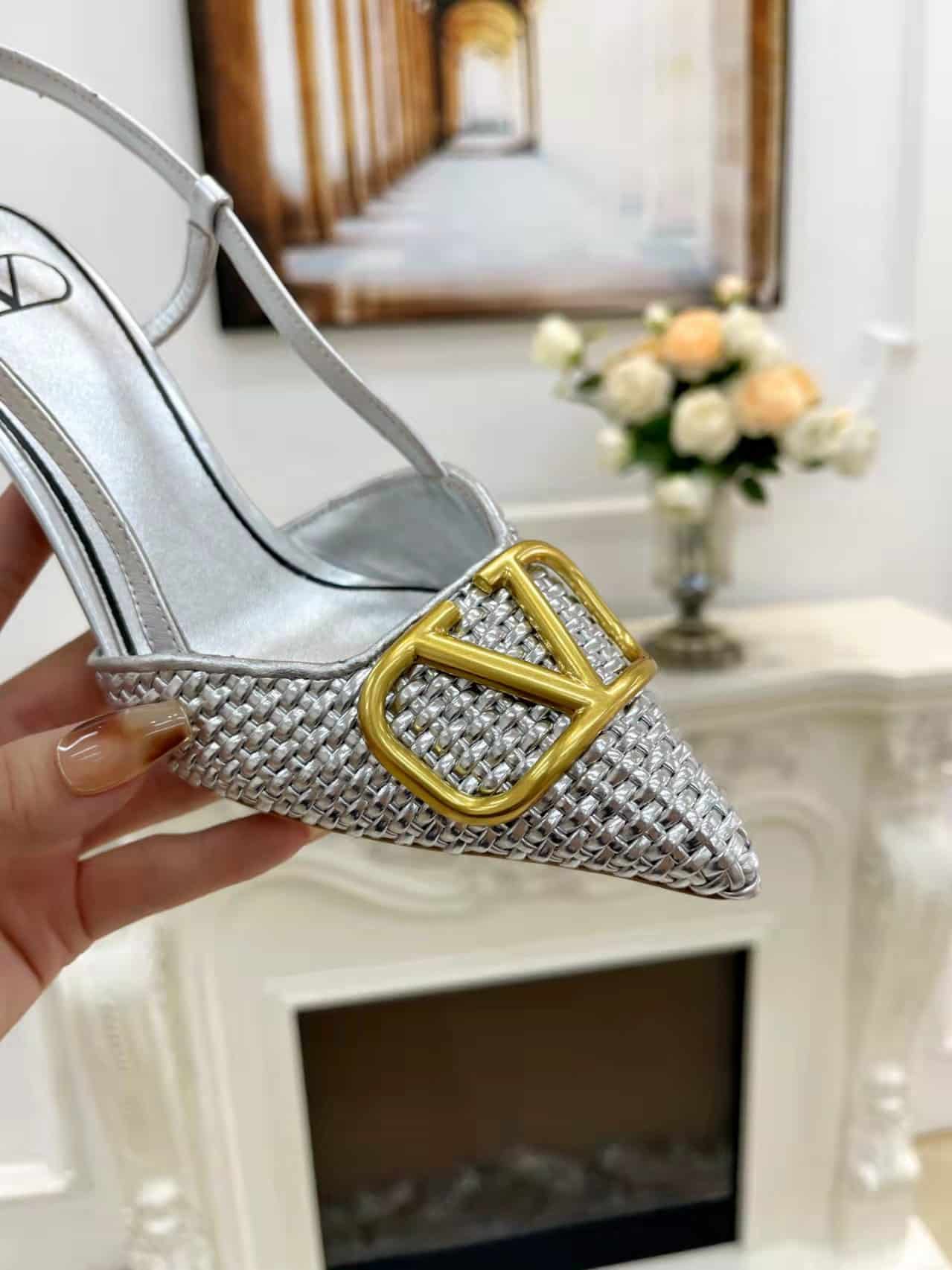 Valentino Garavani VLogo Woven Leather Slingback Pumps Silver