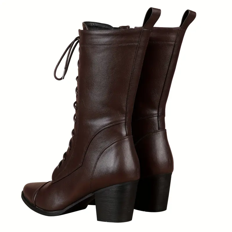Mid Calf Boots Lace Up Combat Boots Side Zipper Winter Boots Faux Fur Lining