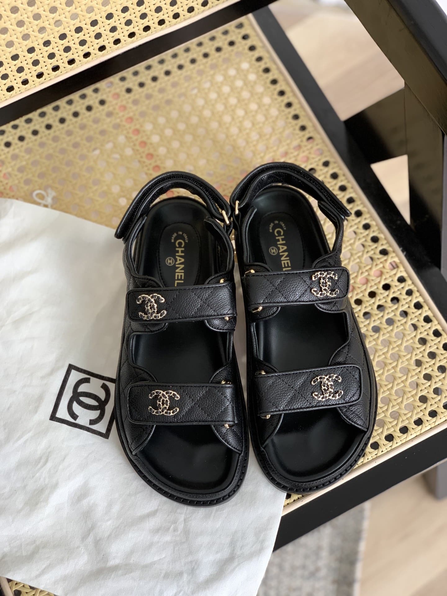 Chanel Cc Button Velcro Black Sandals Grained Calfskin Leather
