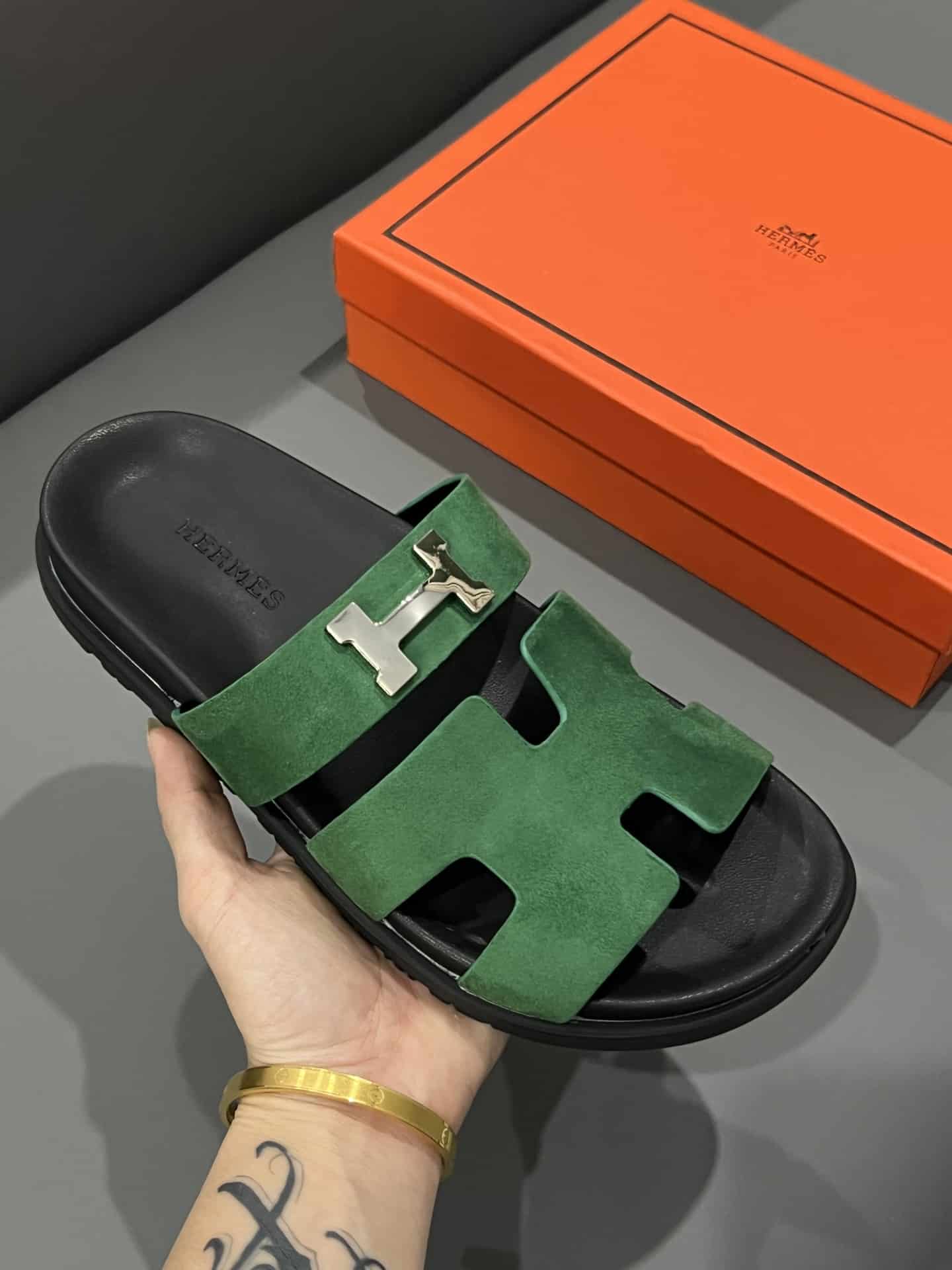 Hermes Chypre Sandal Suede H Logo Silver Hardware Green