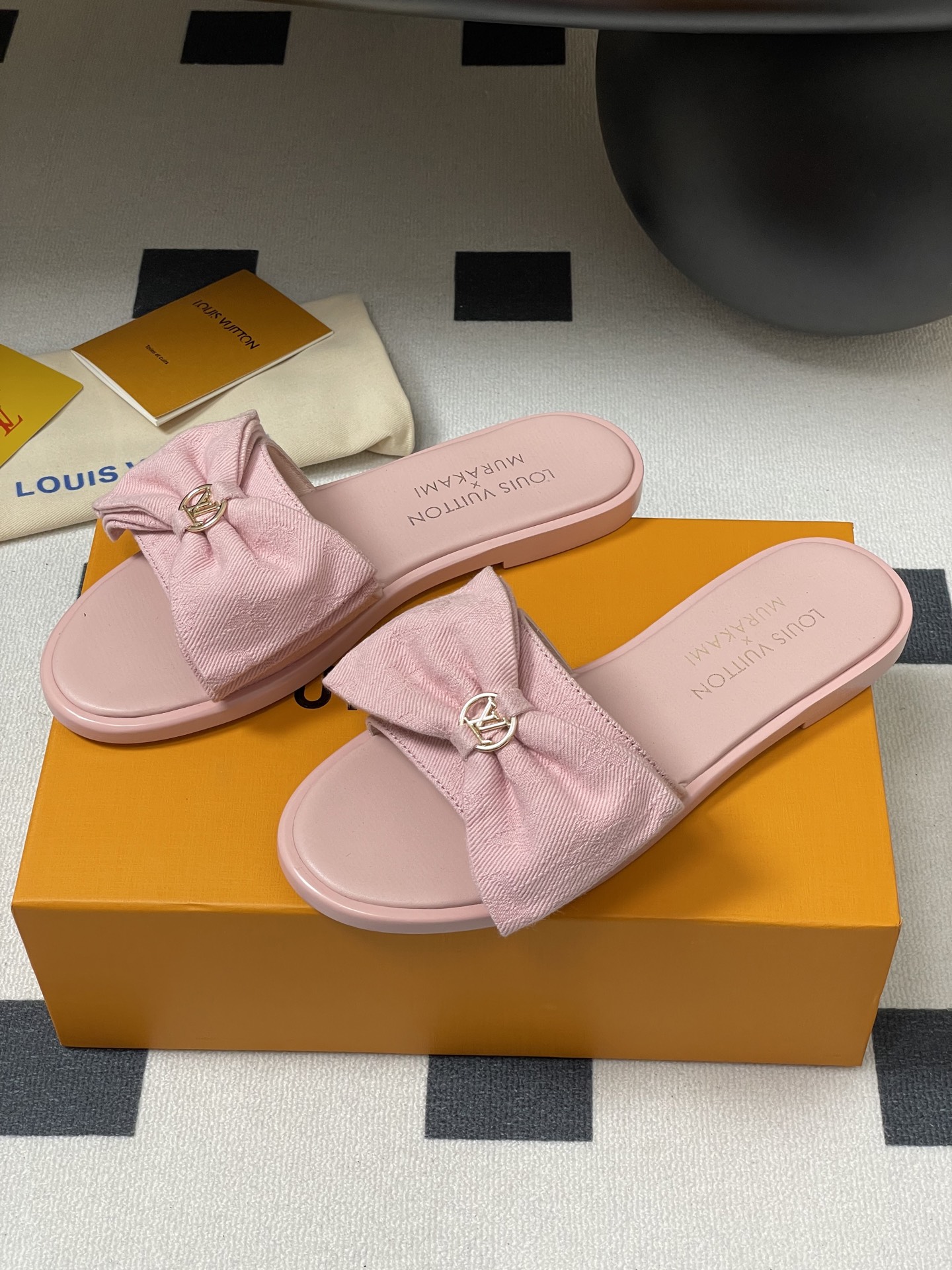 Louis Vuitton x Takashi Murakami Lily Flat Mule Bow Slide Sandals Black Canvas 1AGVYA