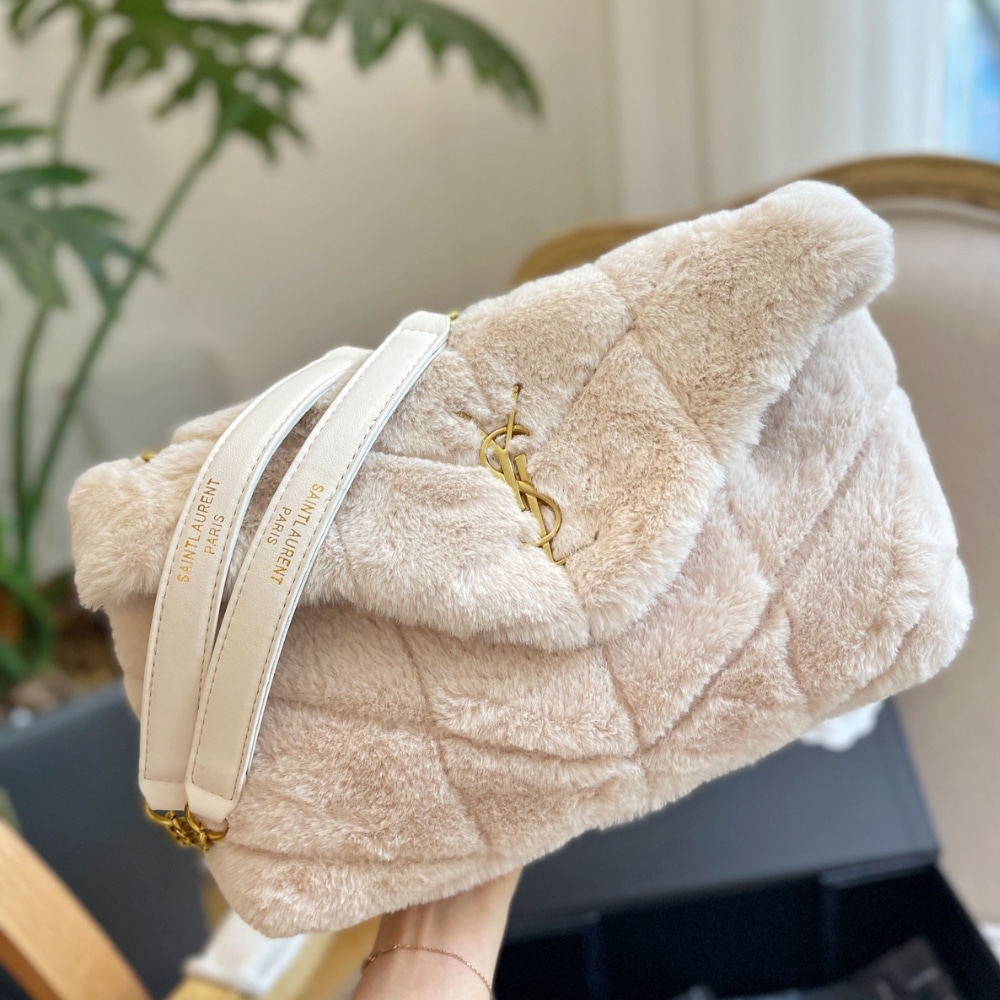 Saint Laurent Puffer Bag In Shearling White 28Cm