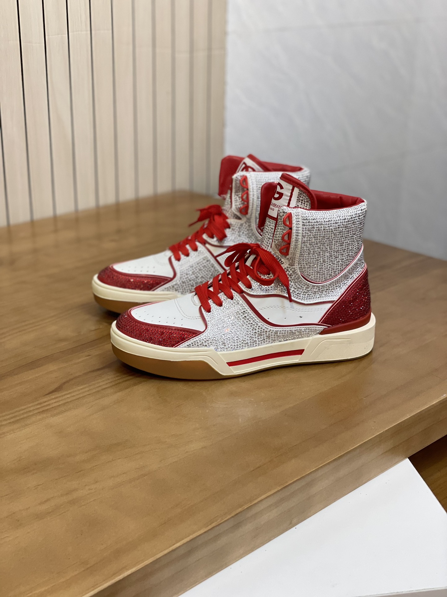 DOLCE & GABBANA Calfskin New Roma high-top sneakers with fusible rhinestones