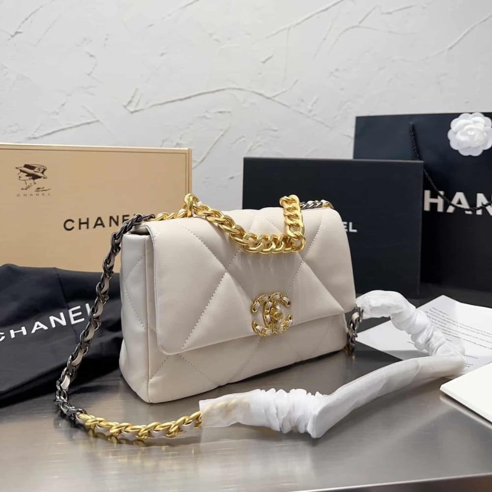 Chanel 19 Flap Bag Shiny Gold And Silver Tone White 26Cm As1161 B04852 10601