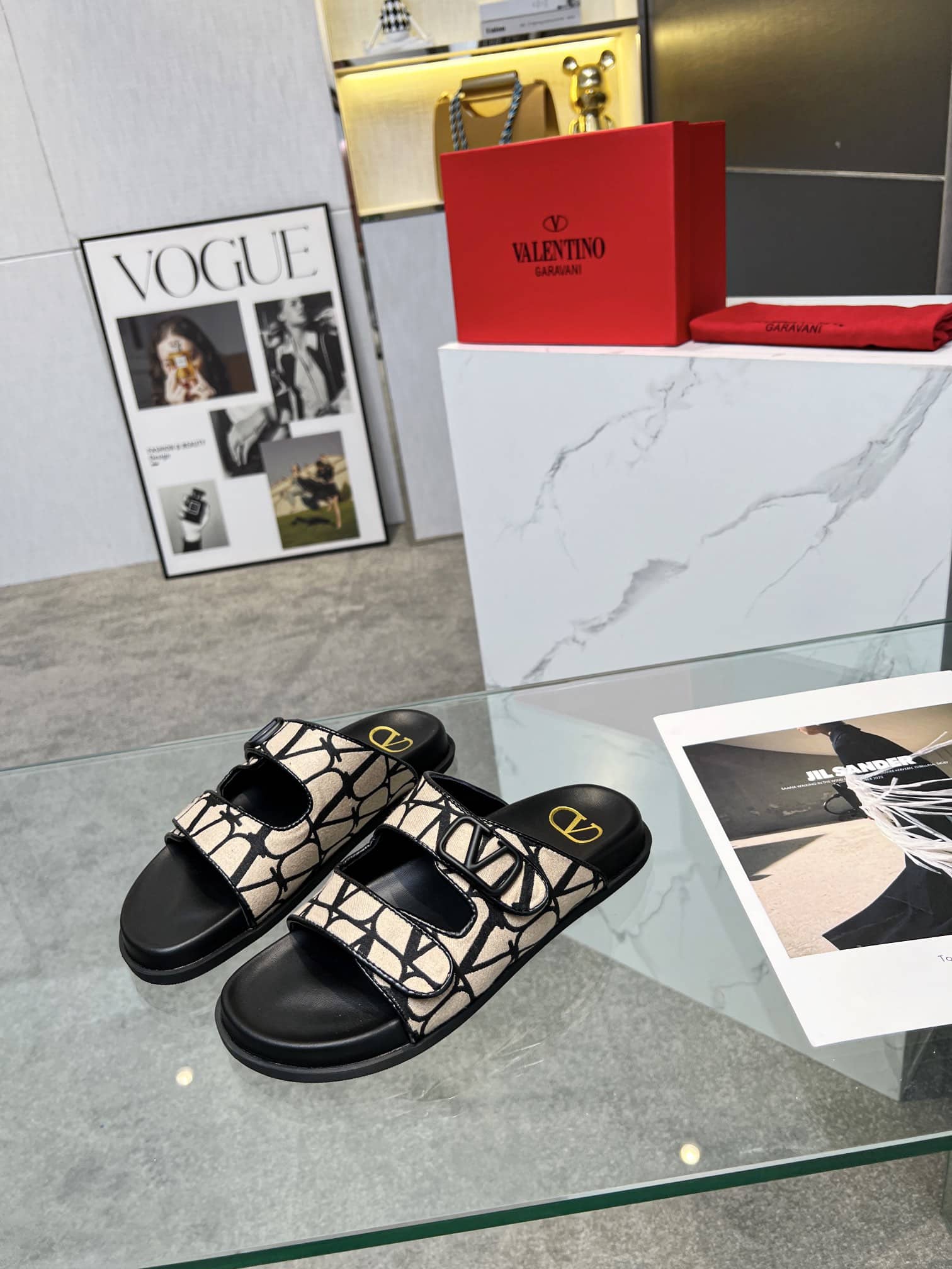 Valentino Garavani VLogo Toile Iconographe Sandal Black Beige