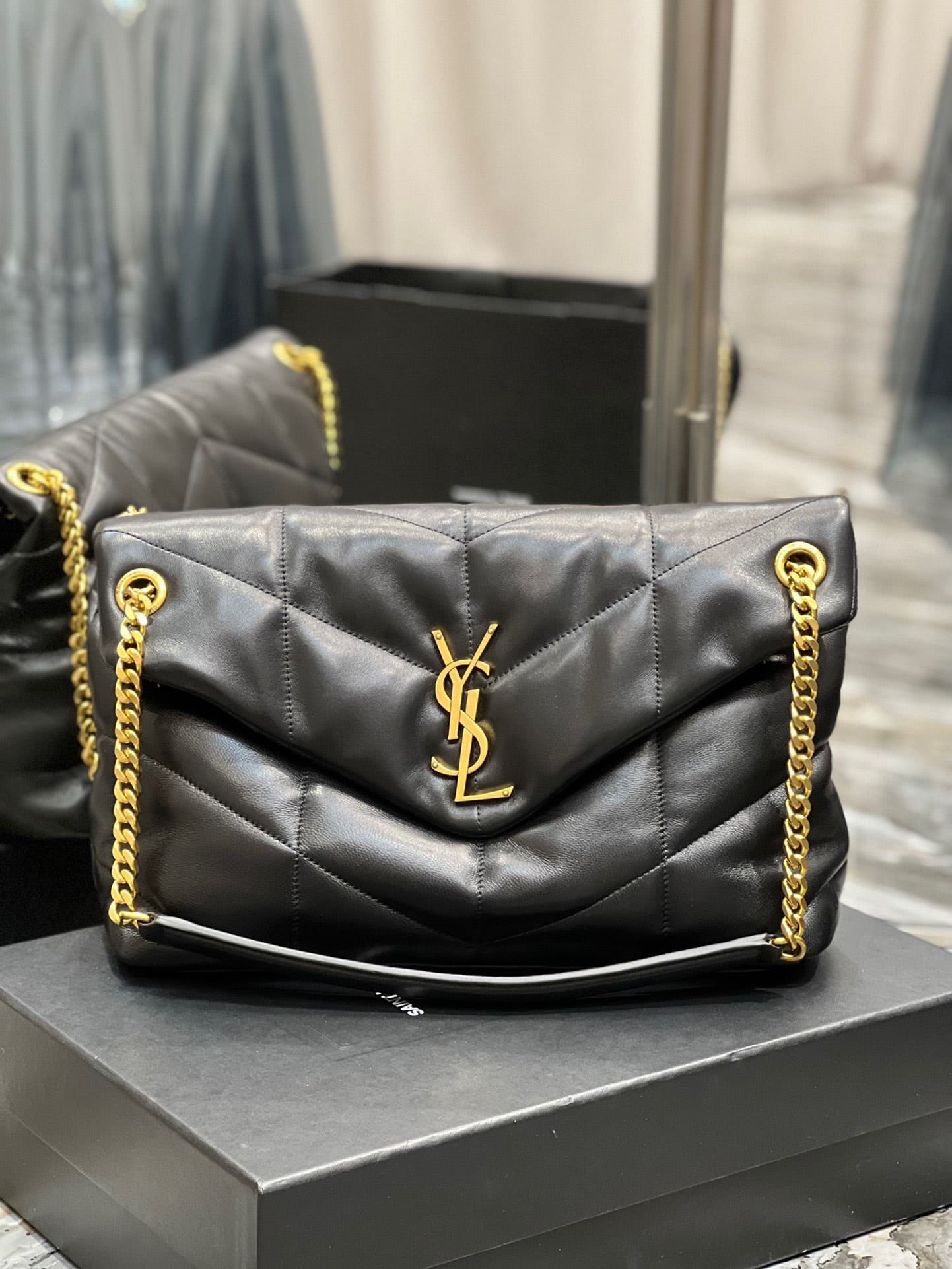 Saint Laurent Puffer Medium Chain Bag In Quilted Gold Toned Metal