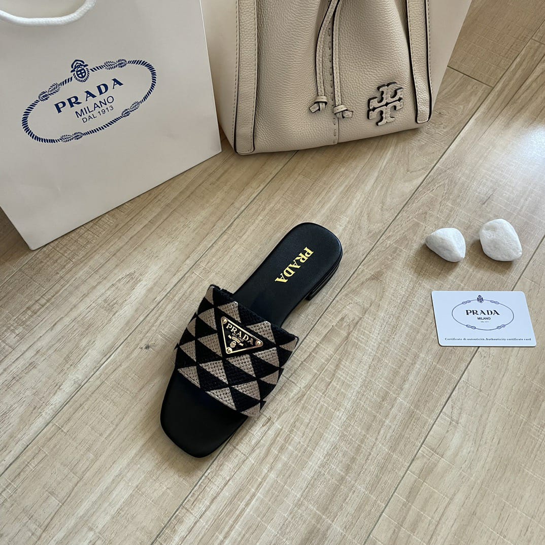 Prada Embroidered Fabric Slides Black White