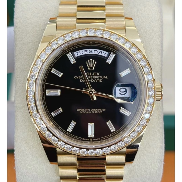 Rolex Day-Date 40mm Black Diamond Dial and Diamond Bezel Yellow Gold President Bracelet  228348RBR-0001