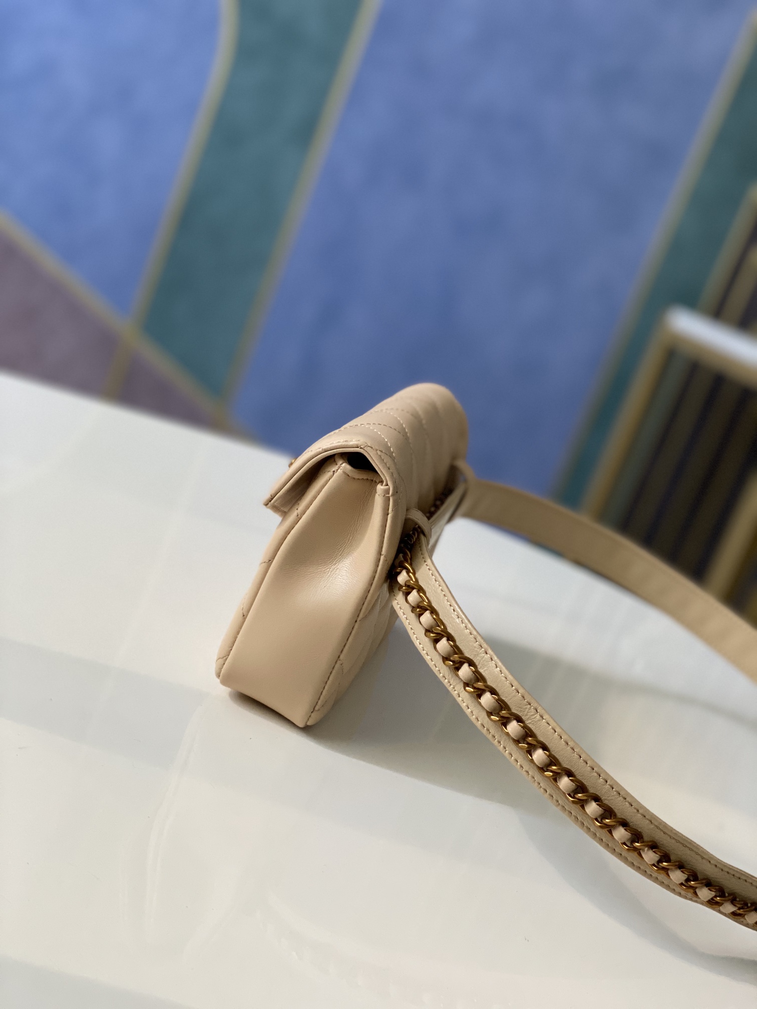 Classic Quilted Lambskin Waist Bag / Belt Bag in Beige with Vintage Gold-Tone Hardware