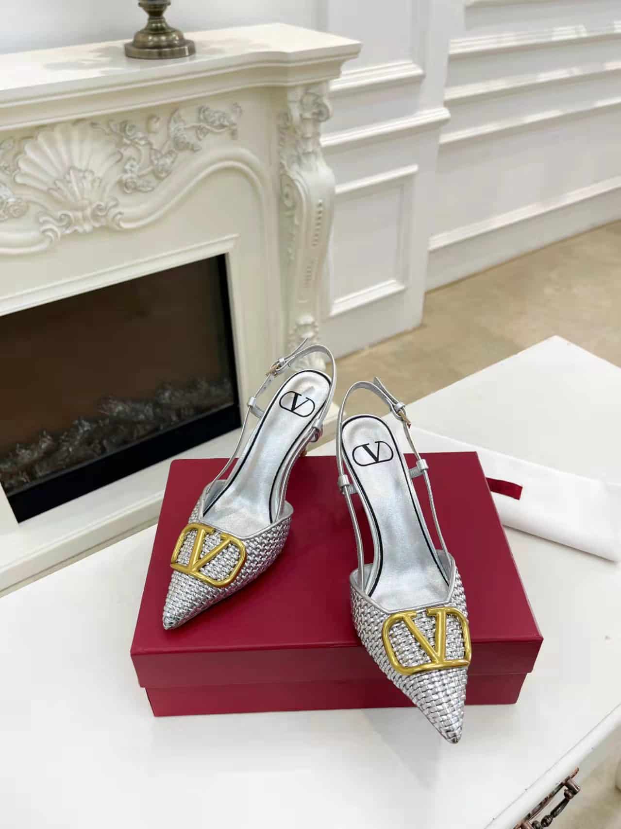 Valentino Garavani VLogo Woven Leather Slingback Pumps Silver