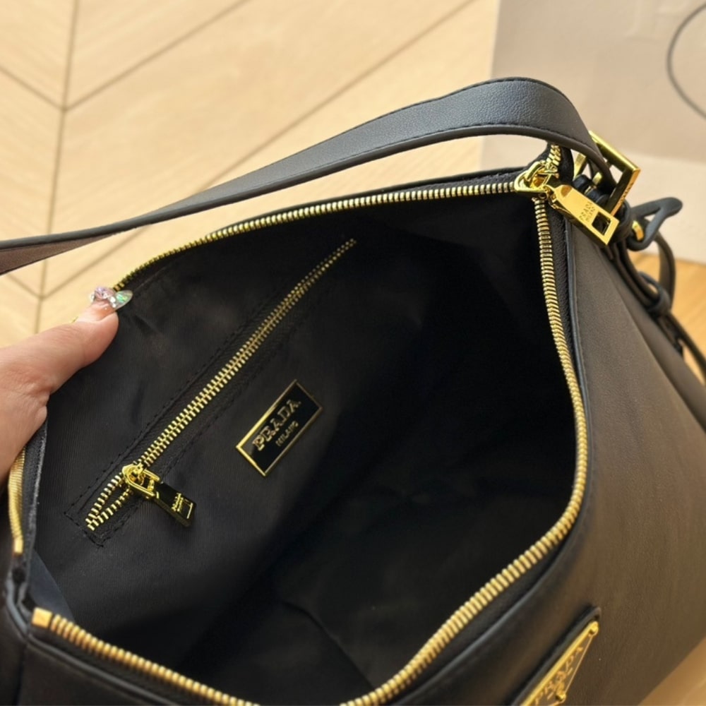 Prada Aimée Large Leather Shoulder Bag Black 39Cm 1Bc228 2Cys F0002 V Lvm