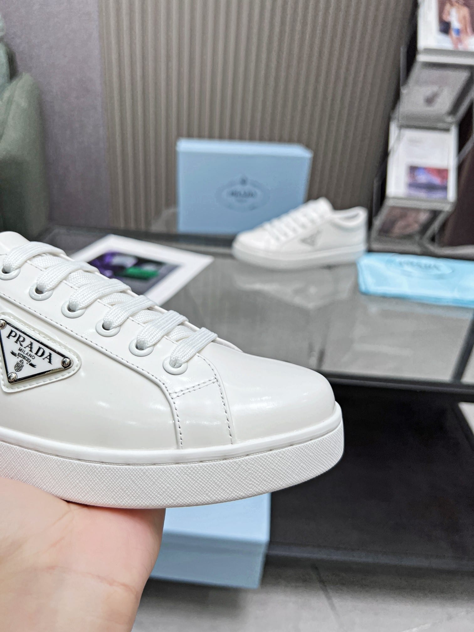 Prada Logo Sneakers In Brushed Leather White