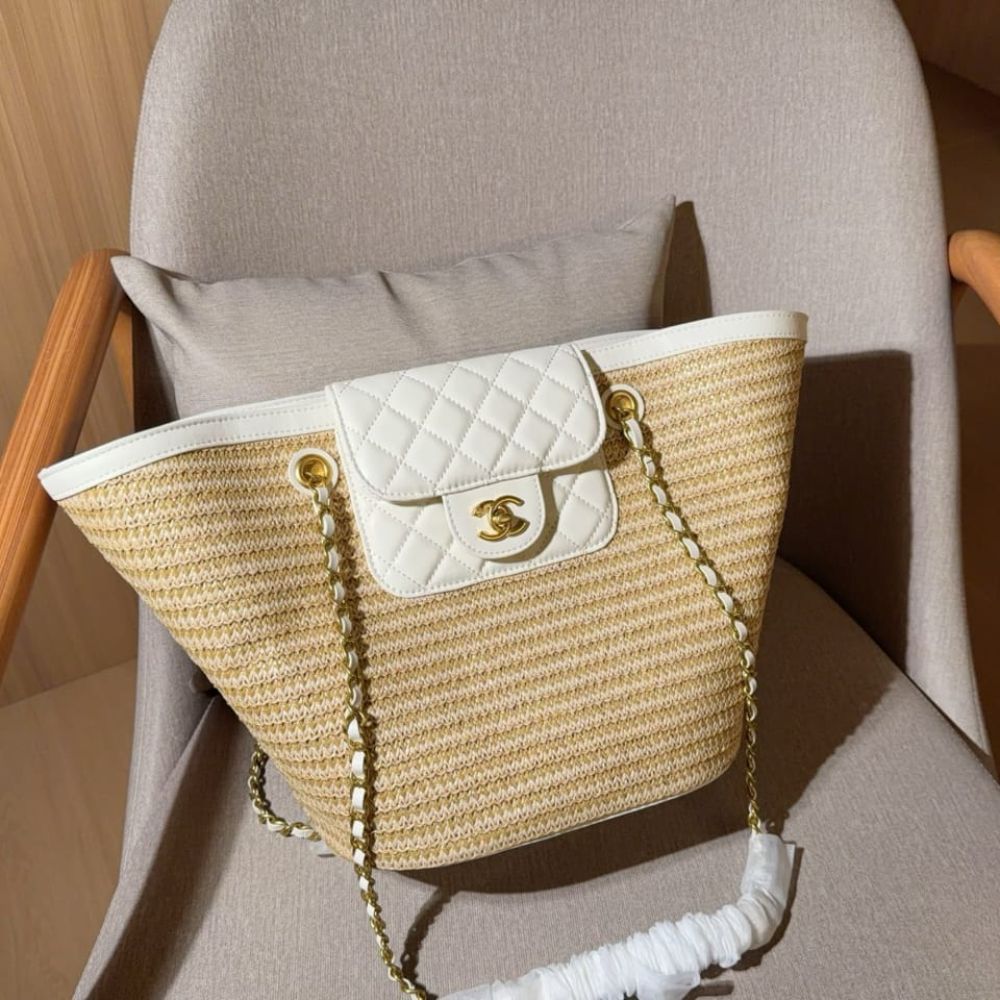 Chanel Small Shopping Bag Braided Straw Beige White 25Cm