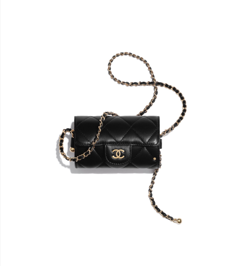 Chanel Quilted Barrel Clutch With Chain Gold Embossed Side Panels Black
