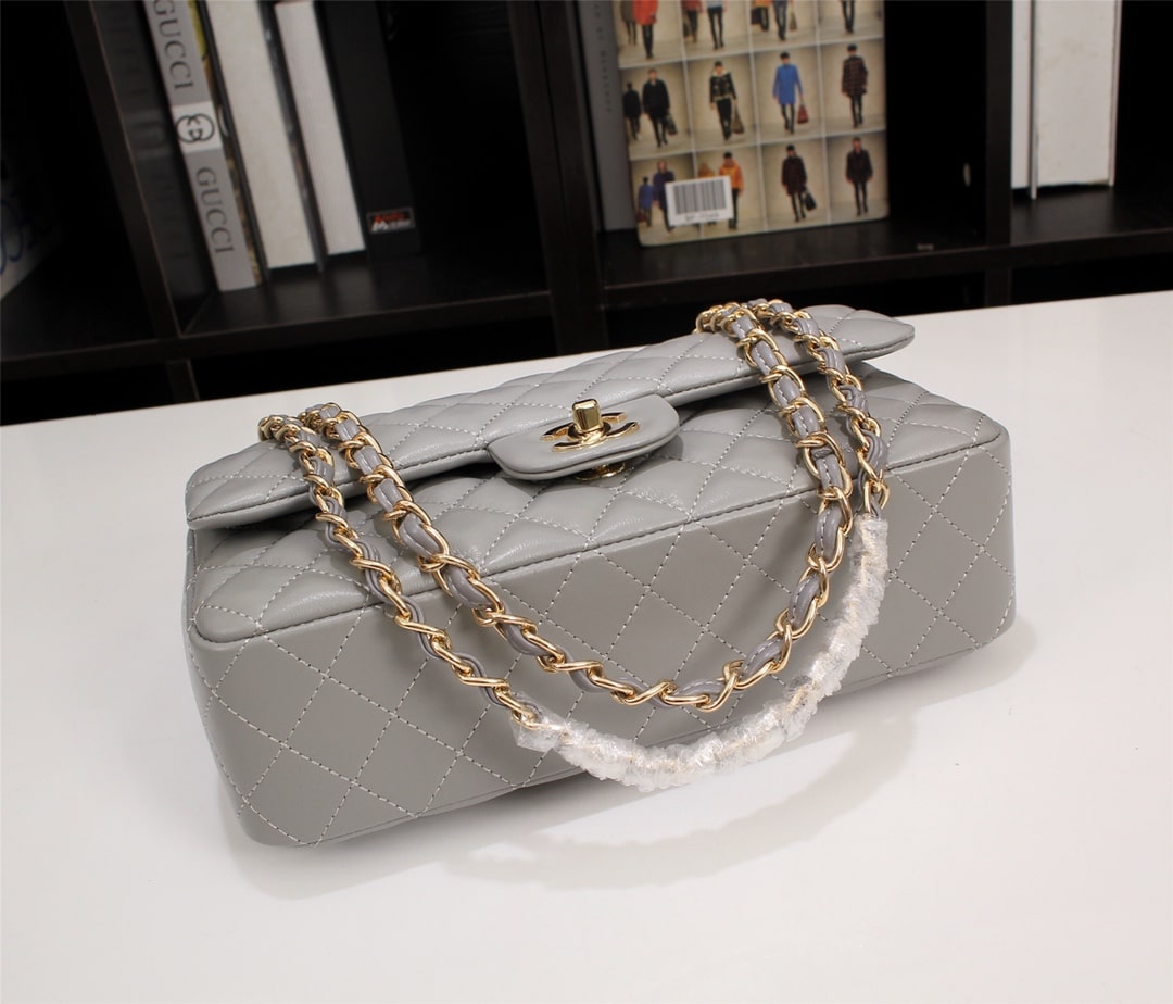 Chanel Classic Double Flap Bag Gold Hardware Gray 25Cm