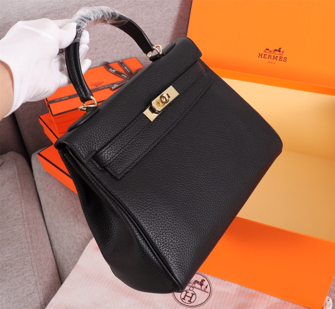 Hermes Kelly Black Sellier Rouge Epsom Gold Hardware 25Cm