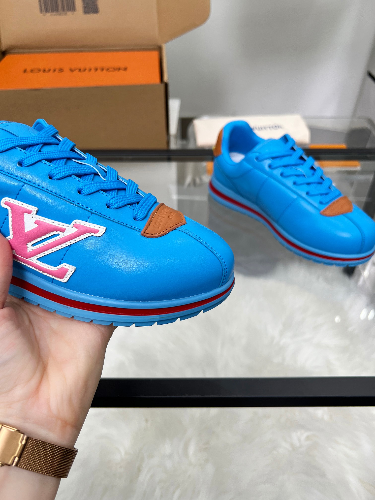 Louis Vuitton LV Trainer Sneaker Blue & Pink – Red Stripe Sole – Women’s Shoes