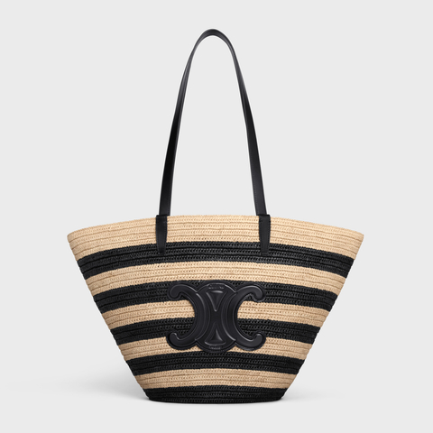 STRIPED COUFFIN CELINE CLASSIC PANIER IN RAFFIA AND CALFSKIN NATURAL / BLACK