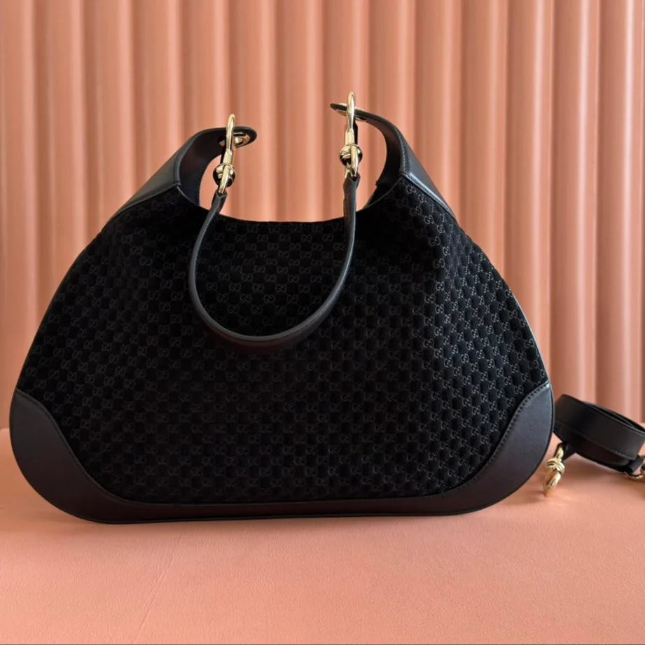 Gucci Body Double Lock Handbag Black Velvet Embossed Leather 248133