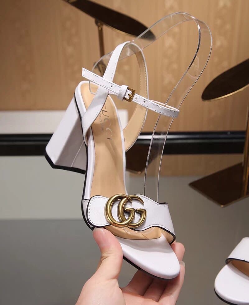 Gucci Leather Mid Heel Sandal White