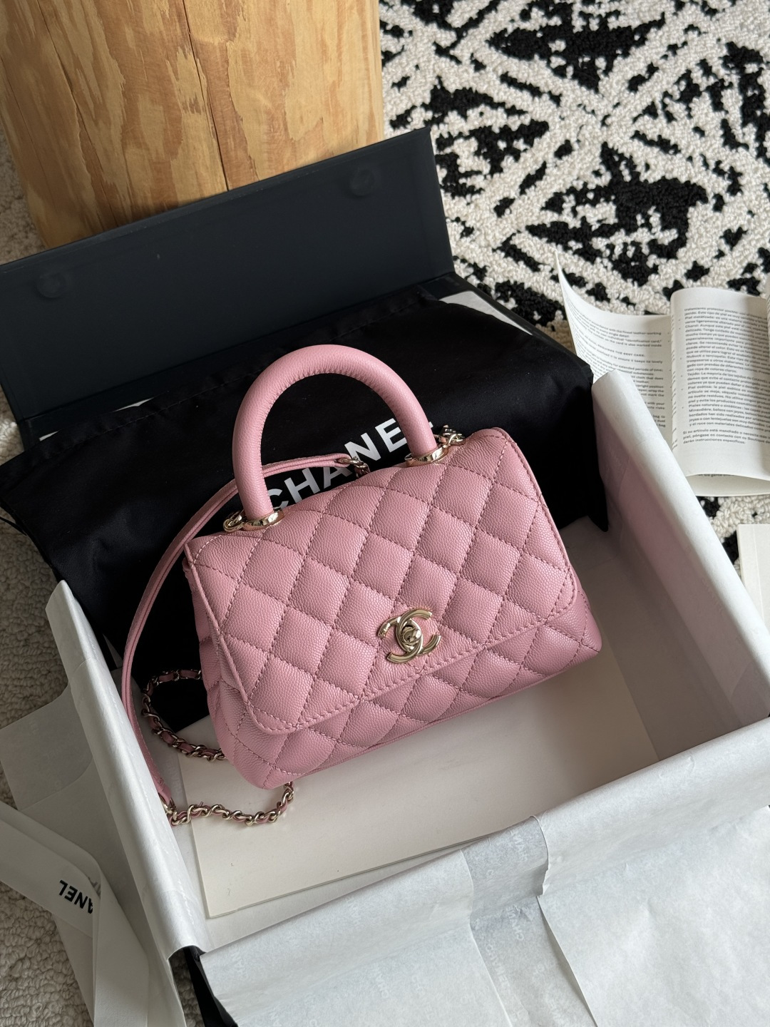 Small Coco Handle Flap Bag in Pink Quilted Caviar Leather with Light Gold-Tone Hardware