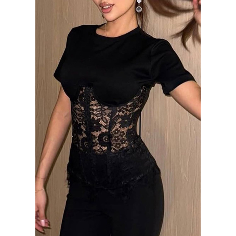 Women Lace Top Y2k Short Sleeve Crew Neck Slim Fit