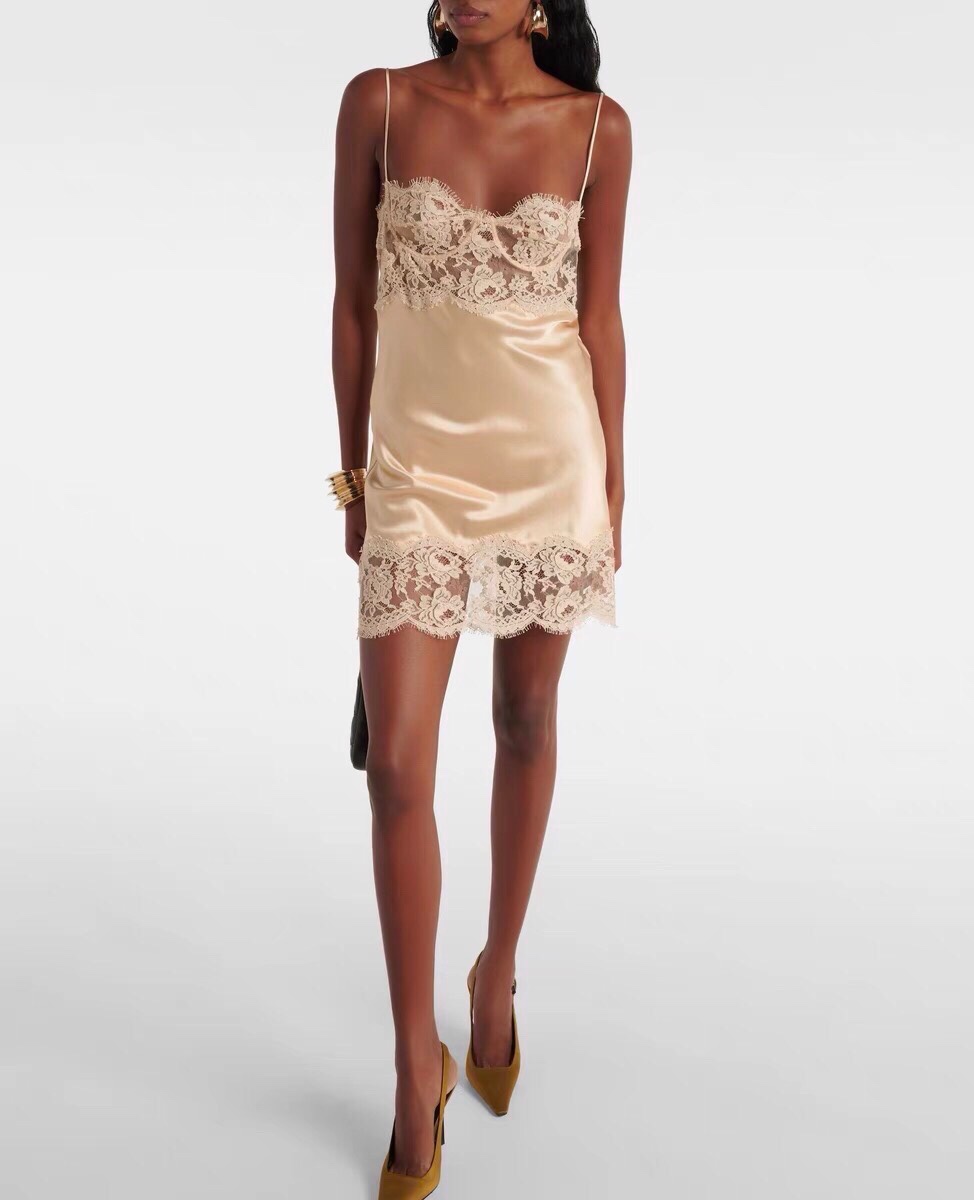 Saint Lauren-Inspired Lace-Trimmed Acetate Slip Dress